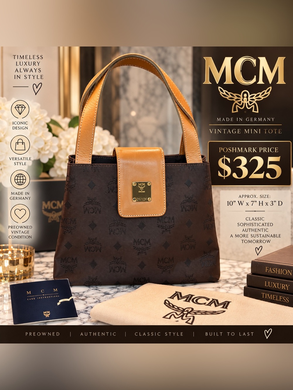 MCM Vintage Mini Tote in Dark Brown with Tan Leather Trim